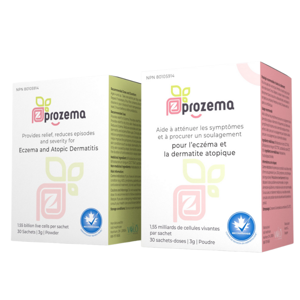 ProZema Probiotic for eczema and atopic dermatitis packaging in English and French