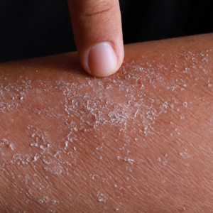 A finger pressing on a patch of dry, flaky skin on a forearm, with visible white skin flakes and fine skin lines, illustrating the peeling and dryness associated with atopic dermatitis