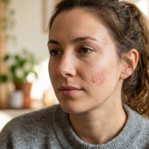 A young woman with a visible patch of eczema on her cheek and under-eye area, sitting indoors with a calm expression, wearing a gray sweater