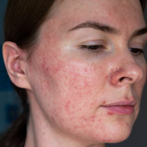 Woman's face in profile showing patchy cheek redness that helps distinguish eczema from rosacea