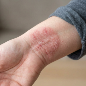 Close-up of eczema flare in a Canadian patient with dry, scaly, reddened skin being scratched