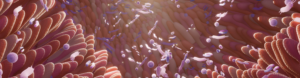 3D illustration of gut lining with diverse bacteria, depicting the gut microbiome connection to overall health